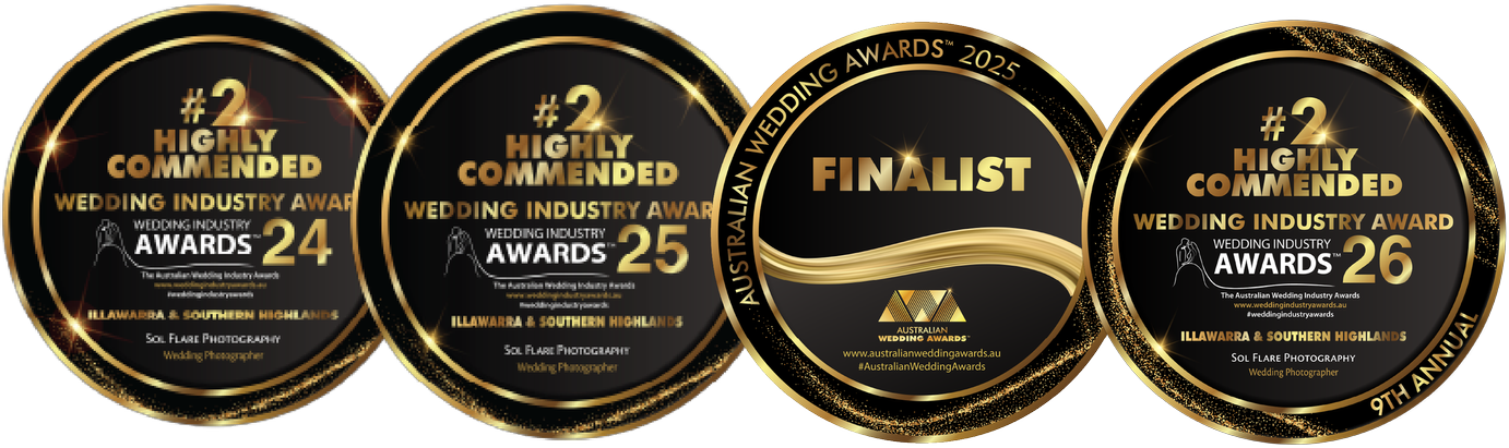 Award badges: Wedding Industry Awards #2 Highly Commended 2024, 2025 and 2026, and Australian Wedding Awards 2025 Finalist