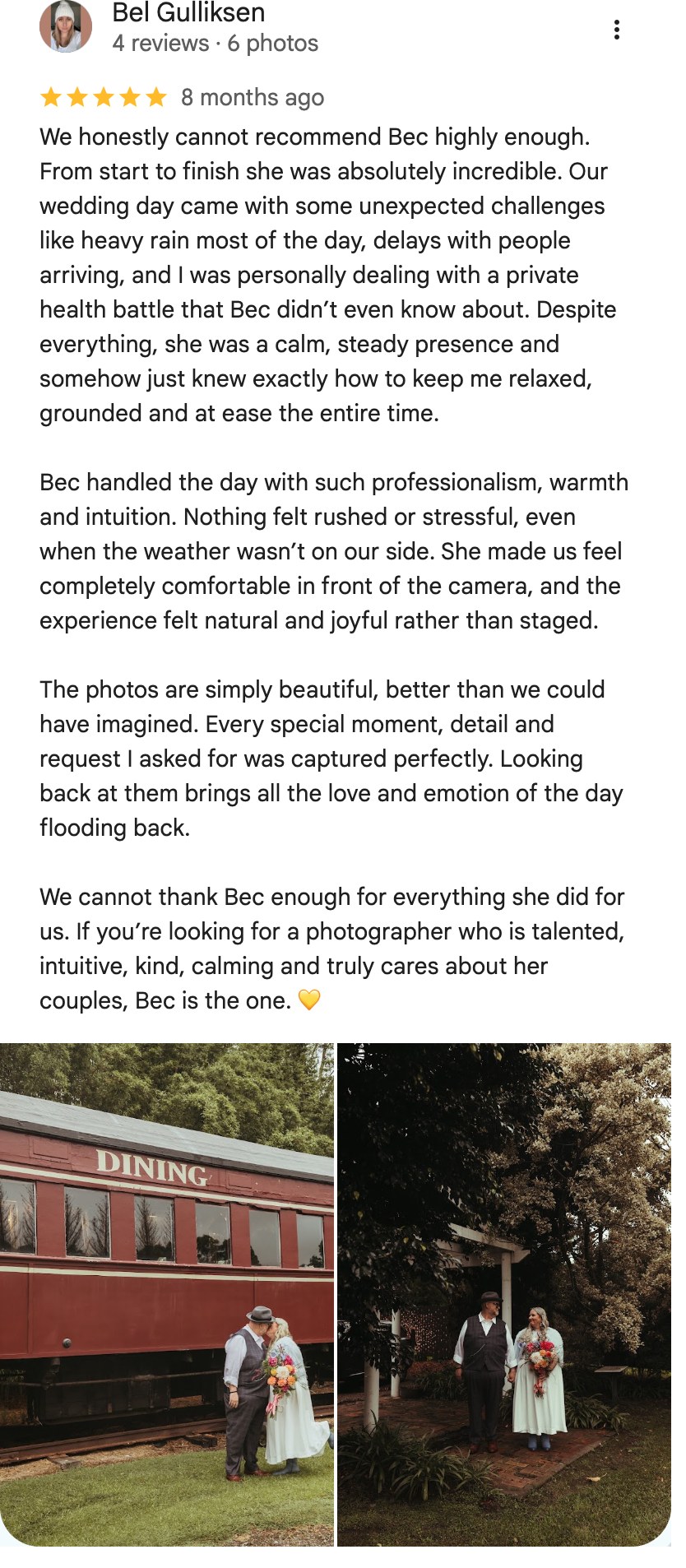 Five-star Google review from Bel Gulliksen